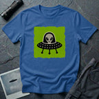 Little Visitors The Pilot UFO t-shirt with friendly grey alien in black saucer on green