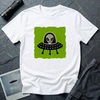 Little Visitors The Pilot UFO t-shirt with friendly grey alien in black saucer on green