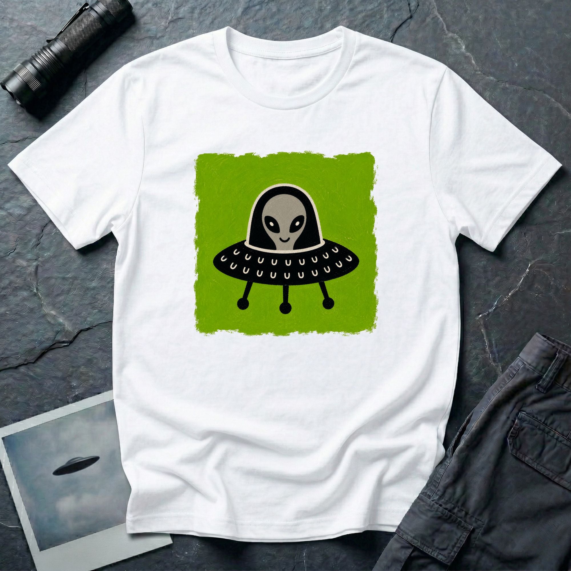 Little Visitors The Pilot UFO t-shirt with friendly grey alien in black saucer on green