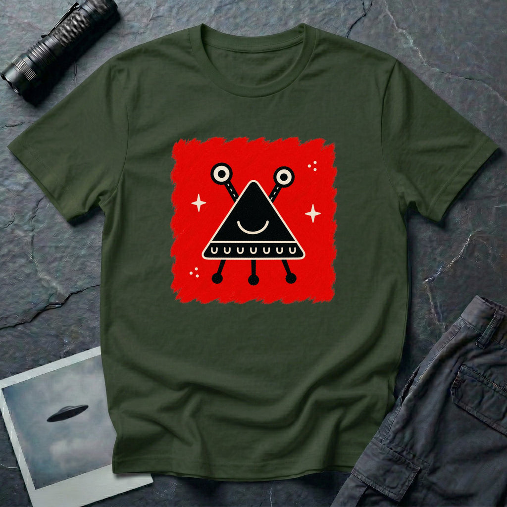 Little Visitors The Triangle UFO t-shirt with smiling black triangle craft on red, green shirt