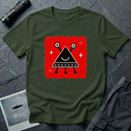 Little Visitors The Triangle UFO t-shirt with smiling black triangle craft on red, green shirt