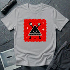 Little Visitors The Triangle UFO t-shirt with smiling black triangle craft on red, grey shirt