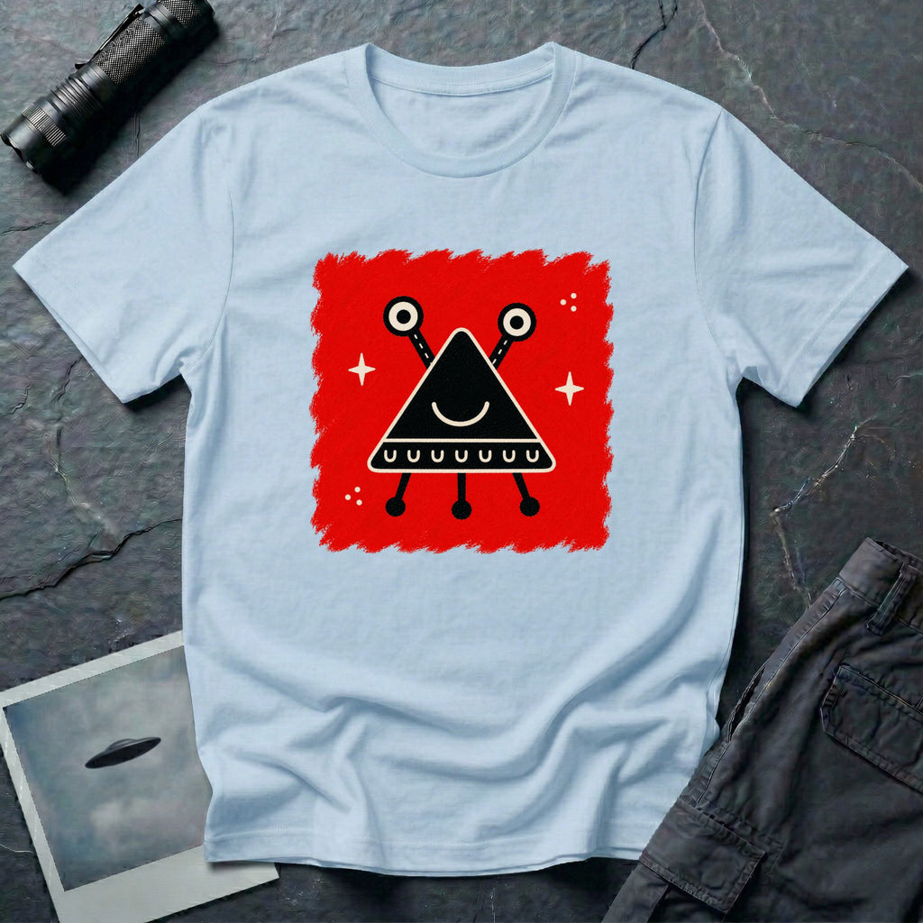 Little Visitors The Triangle UFO t-shirt with smiling black triangle craft on red, light blue shirt