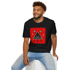 Little Visitors The Triangle UFO t-shirt with smiling black triangle craft on red, black shirt