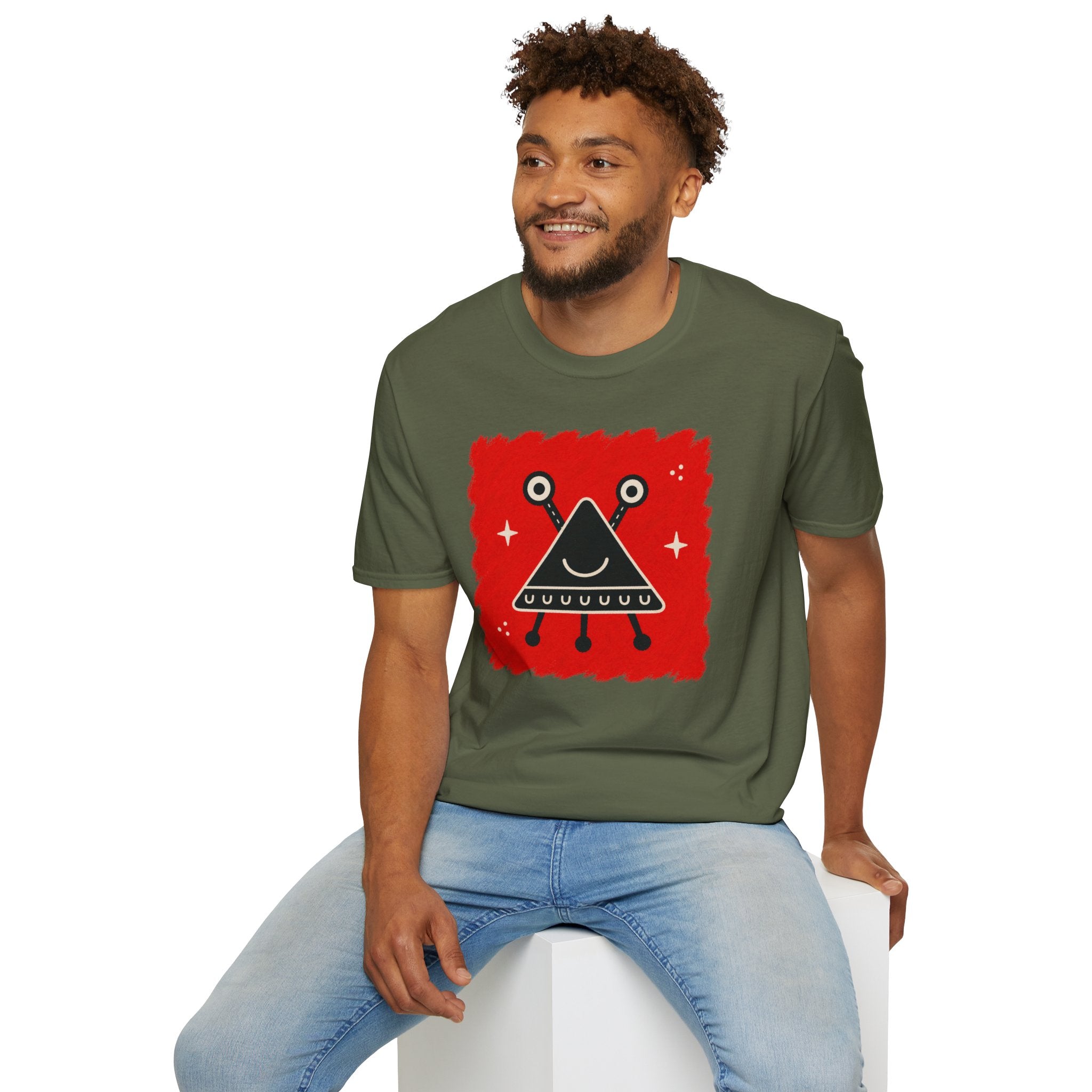 Little Visitors The Triangle UFO t-shirt with smiling black triangle craft on red, green shirt
