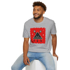 Little Visitors The Triangle UFO t-shirt with smiling black triangle craft on red, grey shirt
