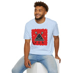 Little Visitors The Triangle UFO t-shirt with smiling black triangle craft on red, light blue shirt