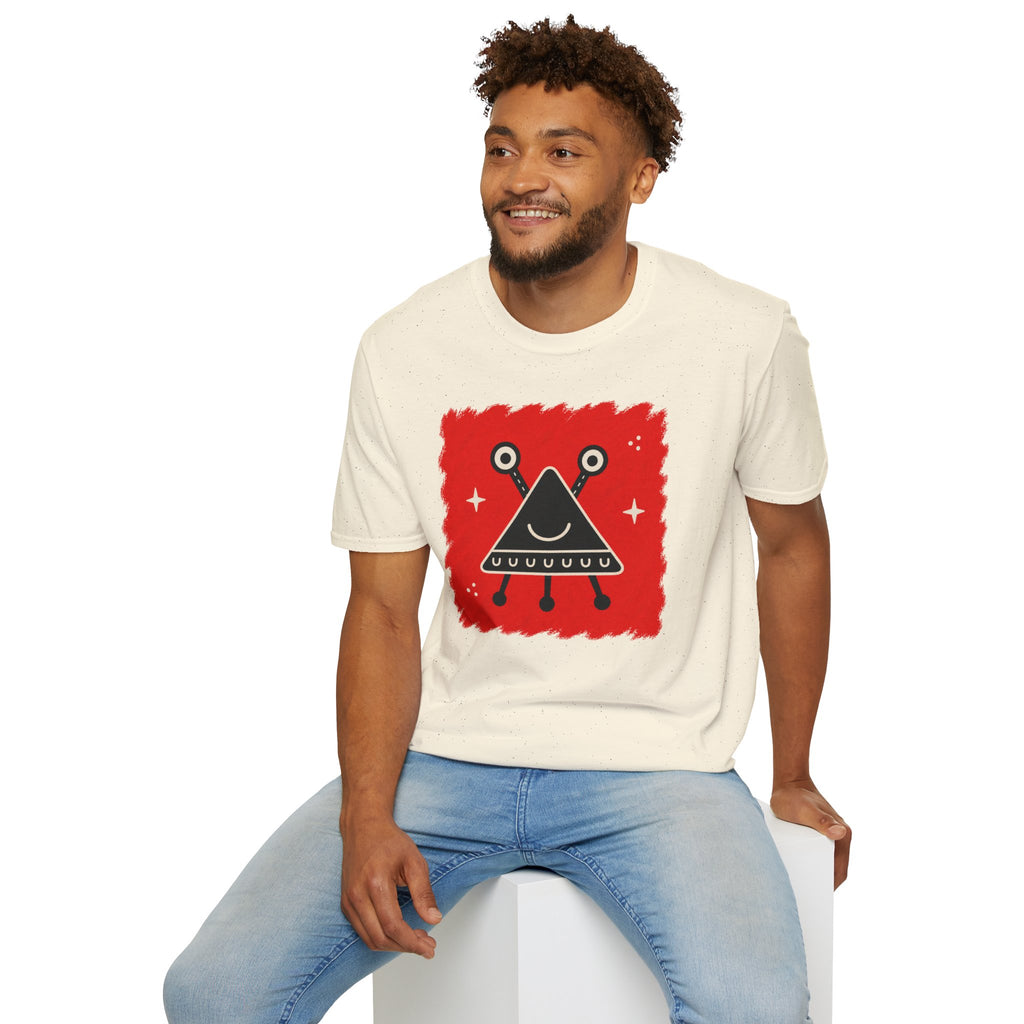 Little Visitors The Triangle UFO t-shirt with smiling black triangle craft on red, natural shirt