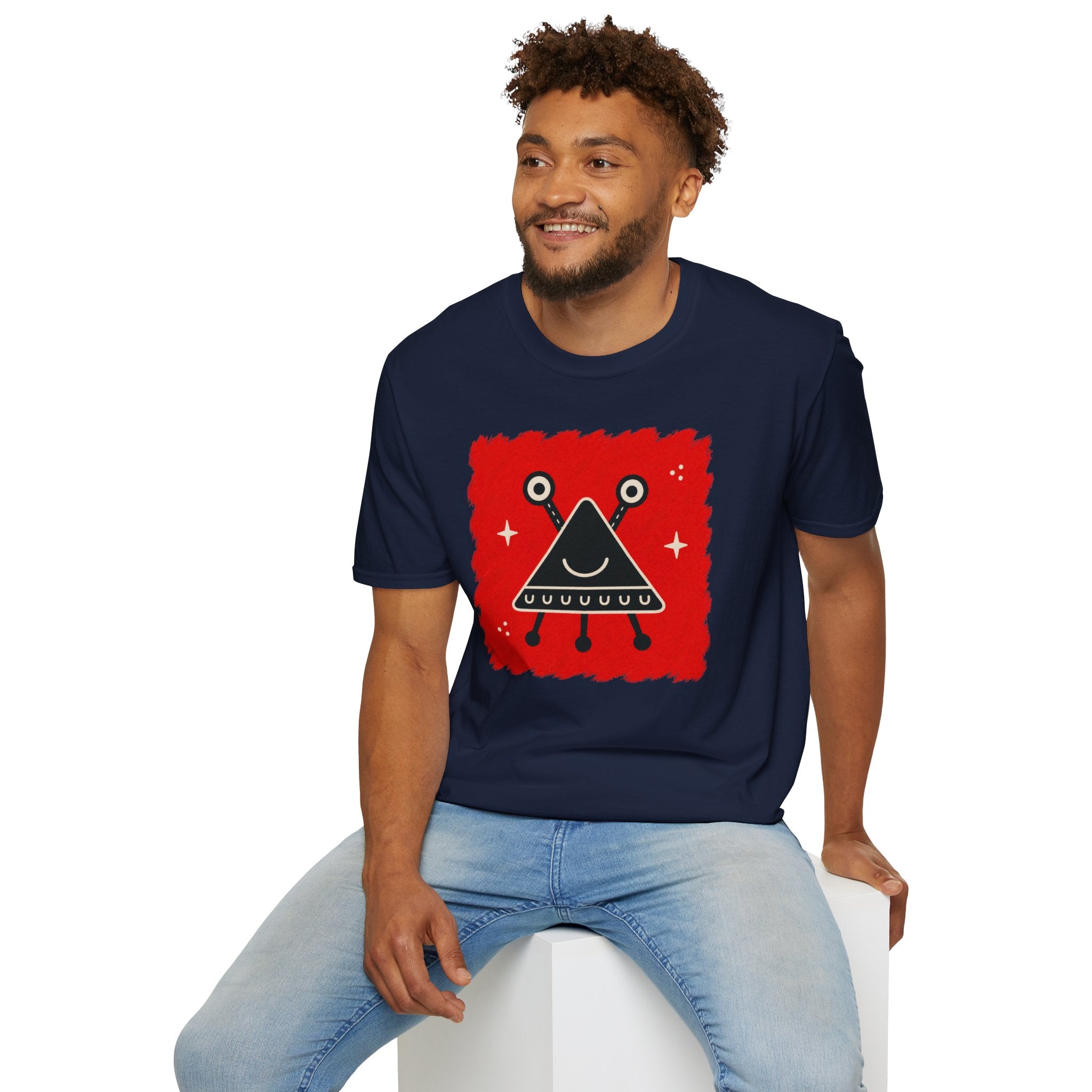 Little Visitors The Triangle UFO t-shirt with smiling black triangle craft on red, navy blue shirt