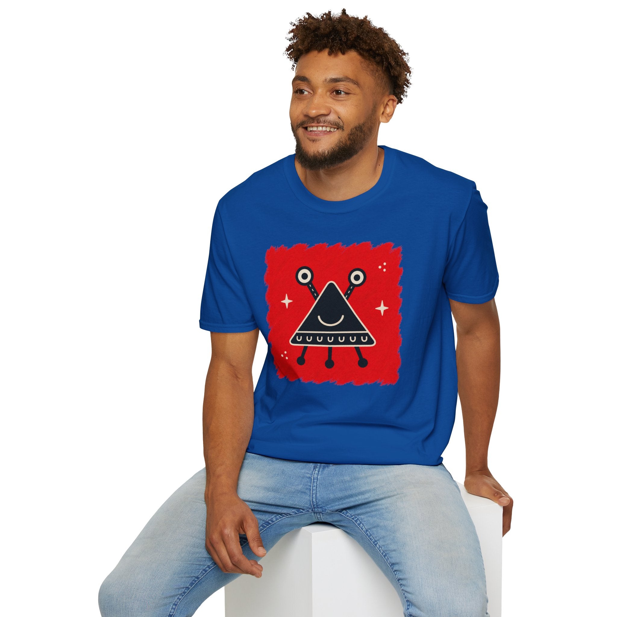 Little Visitors The Triangle UFO t-shirt with smiling black triangle craft on red, blue shirt