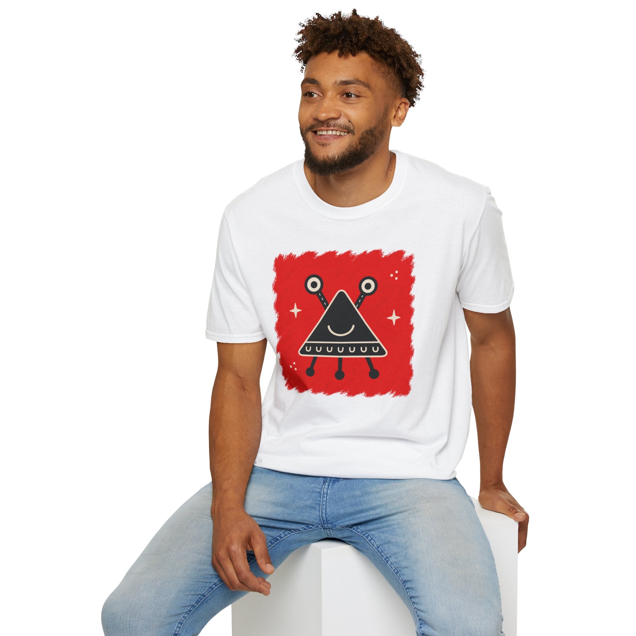 Little Visitors The Triangle UFO t-shirt with smiling black triangle craft on red, white shirt