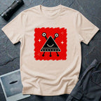 Little Visitors The Triangle UFO t-shirt with smiling black triangle craft on red, natural shirt