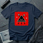 Little Visitors The Triangle UFO t-shirt with smiling black triangle craft on red, navy blue shirt
