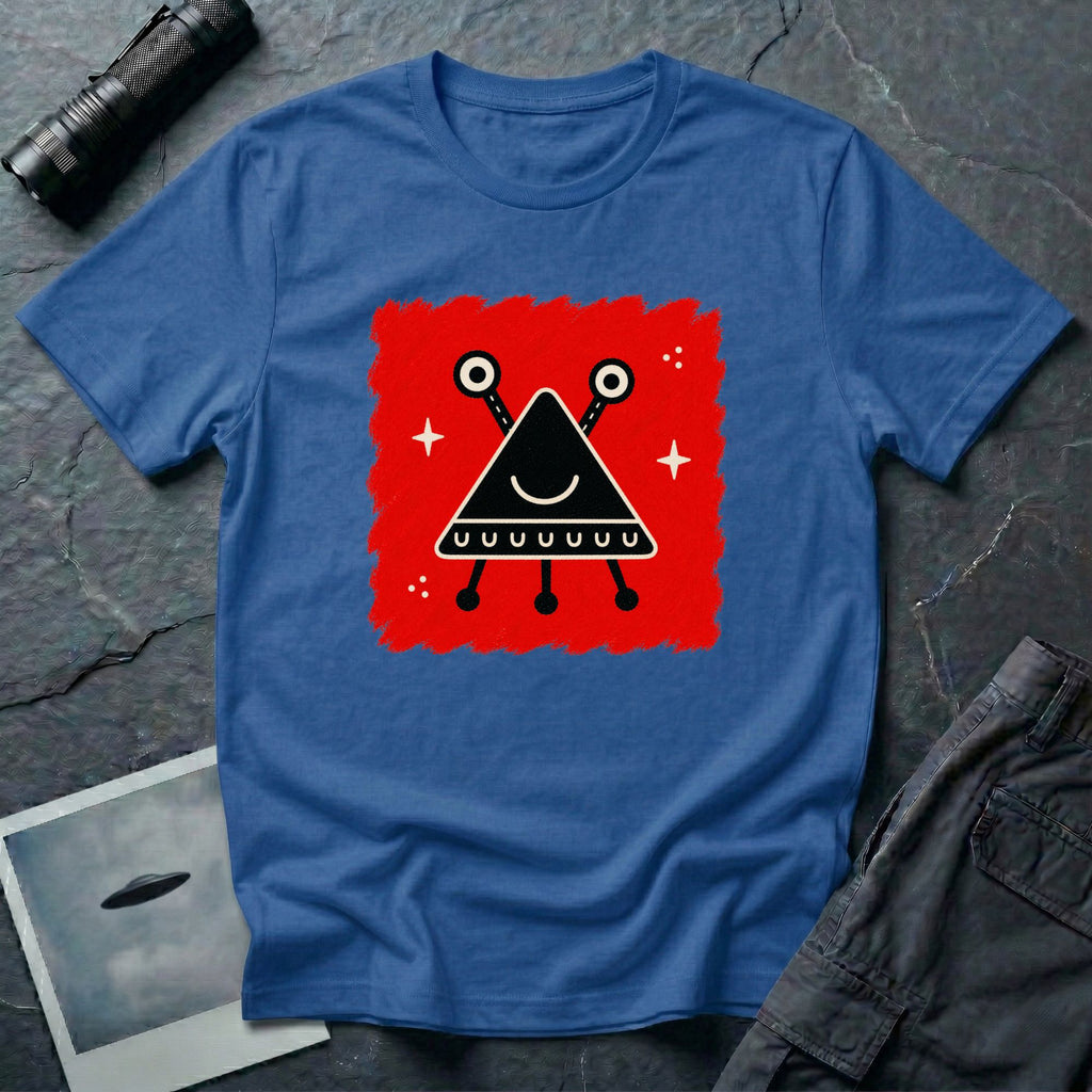 Little Visitors The Triangle UFO t-shirt with smiling black triangle craft on red, blue shirt