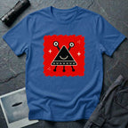 Little Visitors The Triangle UFO t-shirt with smiling black triangle craft on red, blue shirt