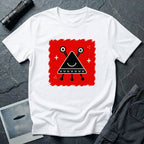 Little Visitors The Triangle UFO t-shirt with smiling black triangle craft on red, white shirt