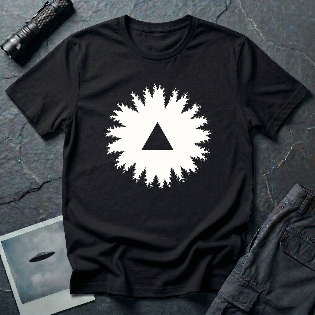 Black triangle UFO t-shirt, view looking straight up through a ring of forest treetops at a black triangular craft against ivory sky, black
