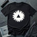 Black triangle UFO t-shirt, view looking straight up through a ring of forest treetops at a black triangular craft against ivory sky, black