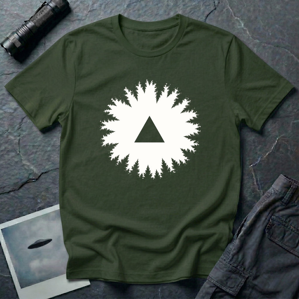 Black triangle UFO t-shirt, view looking straight up through a ring of forest treetops at a black triangular craft against ivory sky, military green