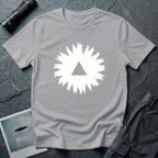 Black triangle UFO t-shirt, view looking straight up through a ring of forest treetops at a black triangular craft against ivory sky, grey