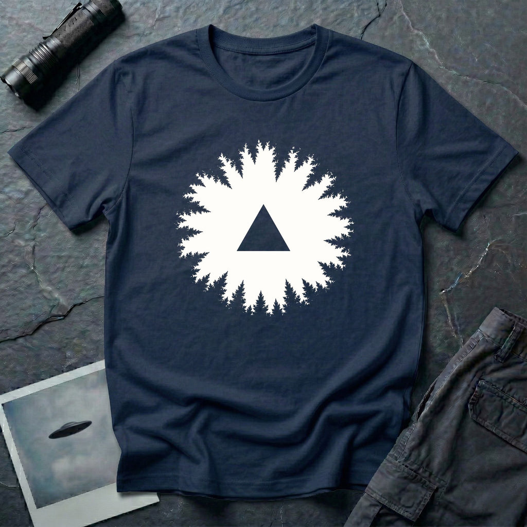 Black triangle UFO t-shirt, view looking straight up through a ring of forest treetops at a black triangular craft against ivory sky, navy blue
