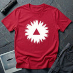 Black triangle UFO t-shirt, view looking straight up through a ring of forest treetops at a black triangular craft against ivory sky, red