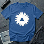 Black triangle UFO t-shirt, view looking straight up through a ring of forest treetops at a black triangular craft against ivory sky, royal blue