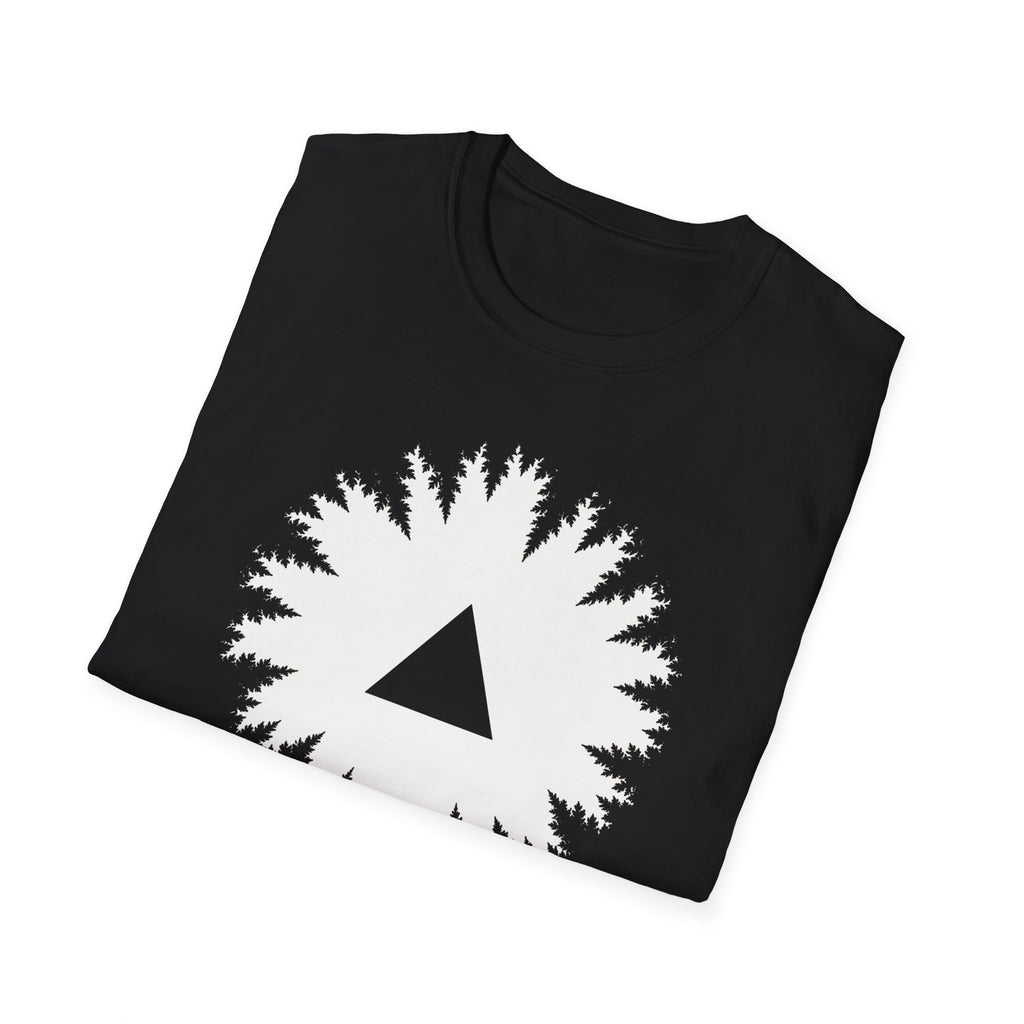 Black triangle UFO t-shirt, view looking straight up through a ring of forest treetops at a black triangular craft against ivory sky, black