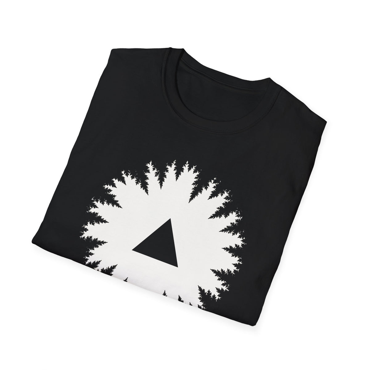 Black triangle UFO t-shirt, view looking straight up through a ring of forest treetops at a black triangular craft against ivory sky, black
