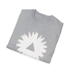Black triangle UFO t-shirt, view looking straight up through a ring of forest treetops at a black triangular craft against ivory sky, grey