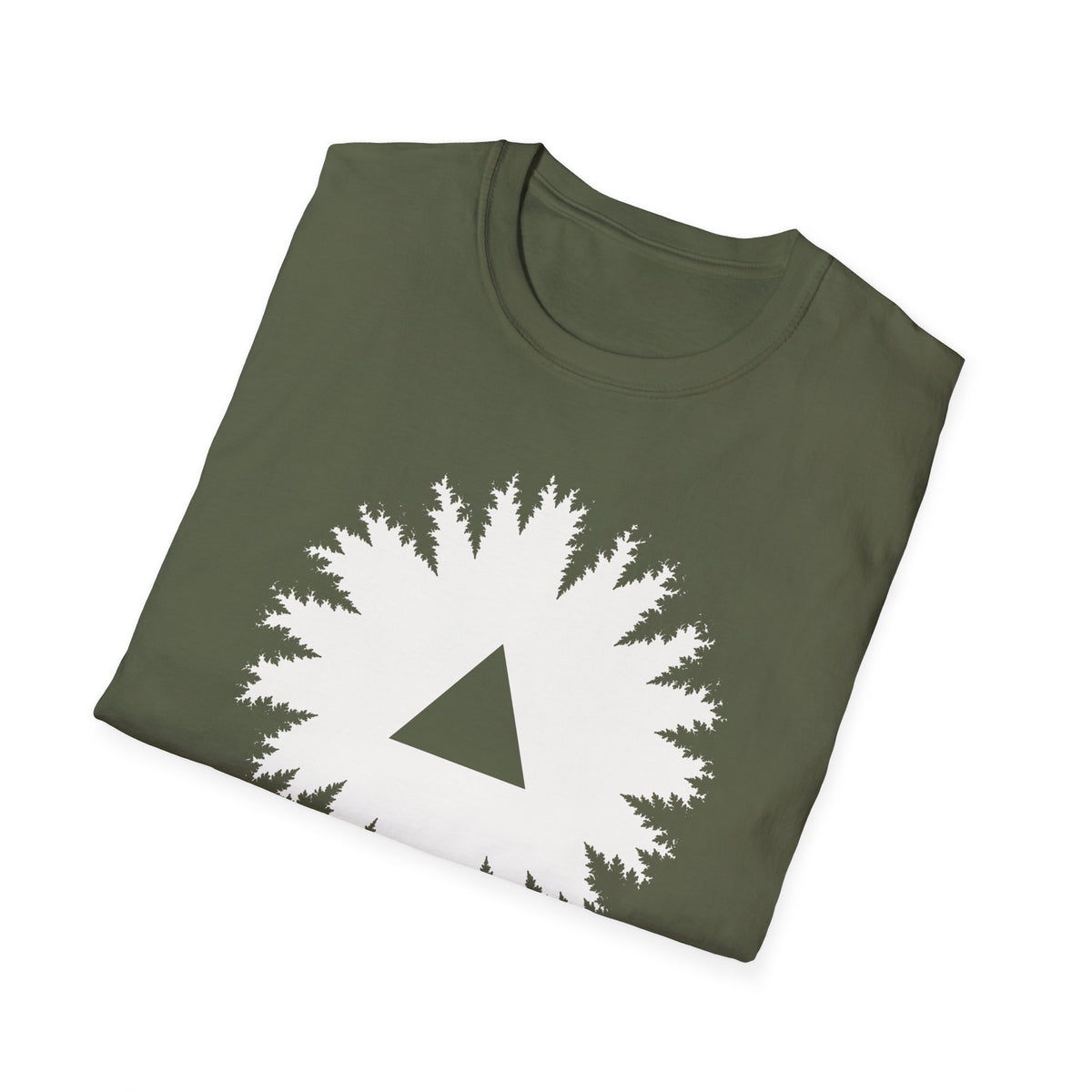 Black triangle UFO t-shirt, view looking straight up through a ring of forest treetops at a black triangular craft against ivory sky, military green