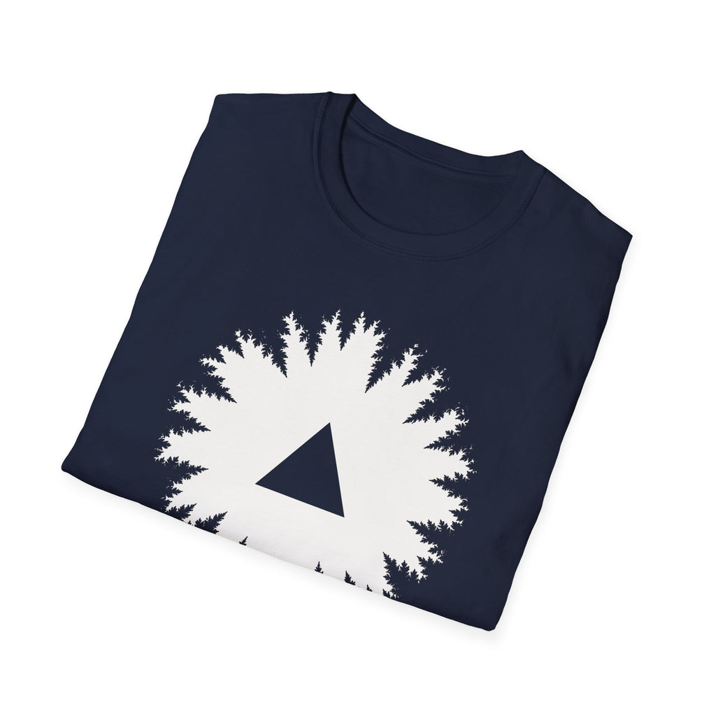 Black triangle UFO t-shirt, view looking straight up through a ring of forest treetops at a black triangular craft against ivory sky, navy blue