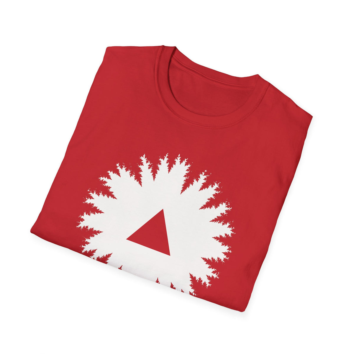 Black triangle UFO t-shirt, view looking straight up through a ring of forest treetops at a black triangular craft against ivory sky, red