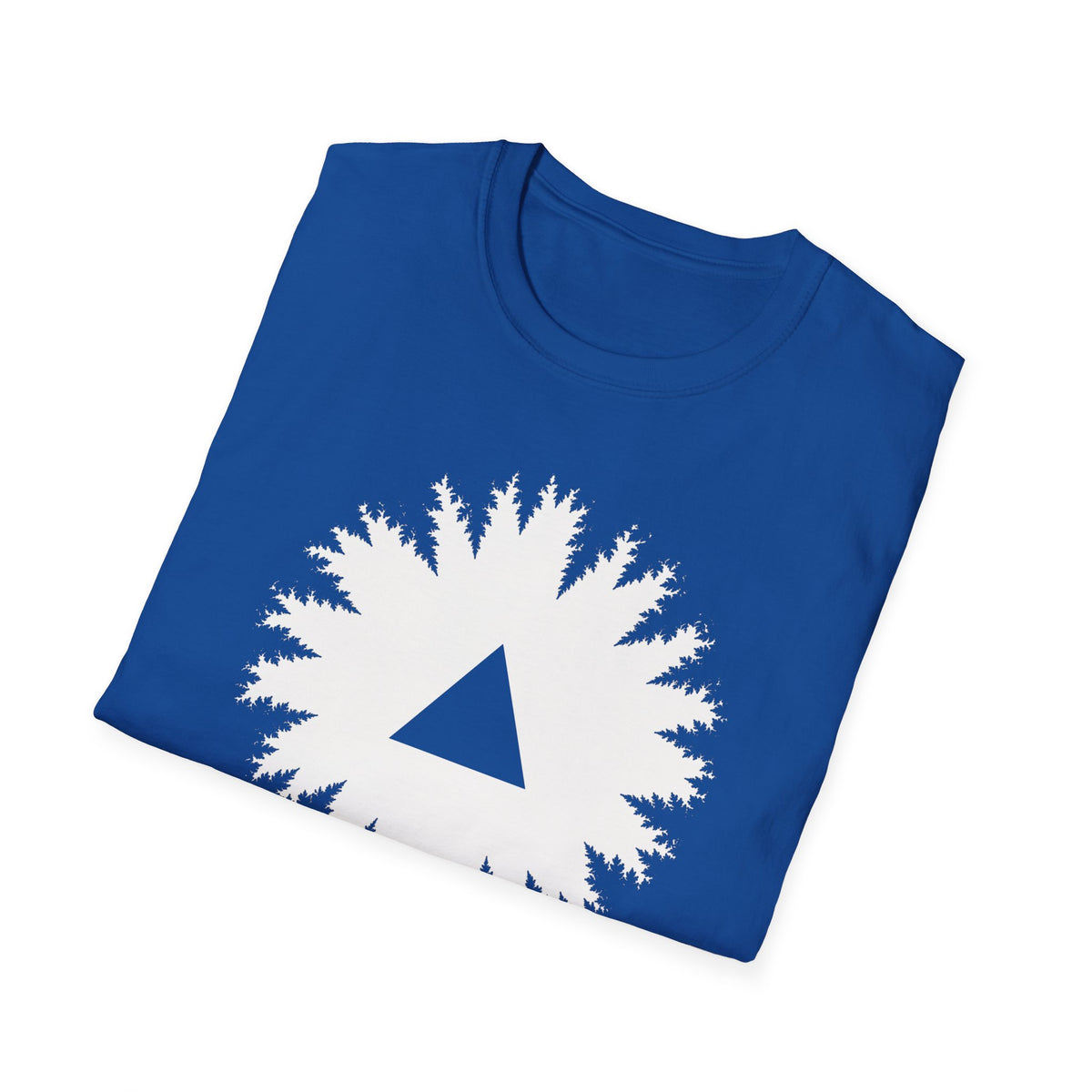 Black triangle UFO t-shirt, view looking straight up through a ring of forest treetops at a black triangular craft against ivory sky, royal blue