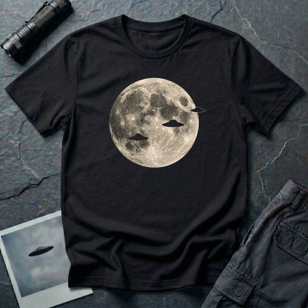 Black UFO t-shirt with three disc silhouettes crossing a full moon photograph