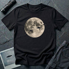Black UFO t-shirt with three disc silhouettes crossing a full moon photograph