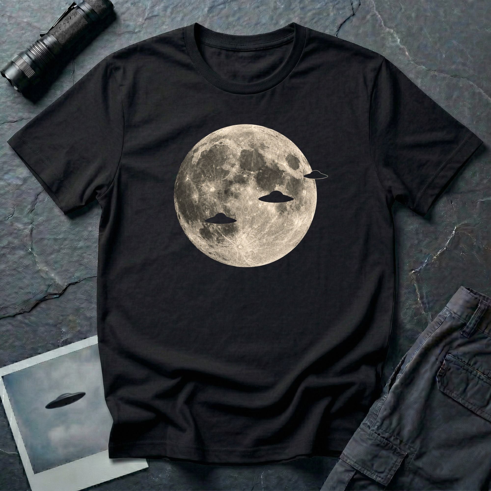Black UFO t-shirt with three disc silhouettes crossing a full moon photograph