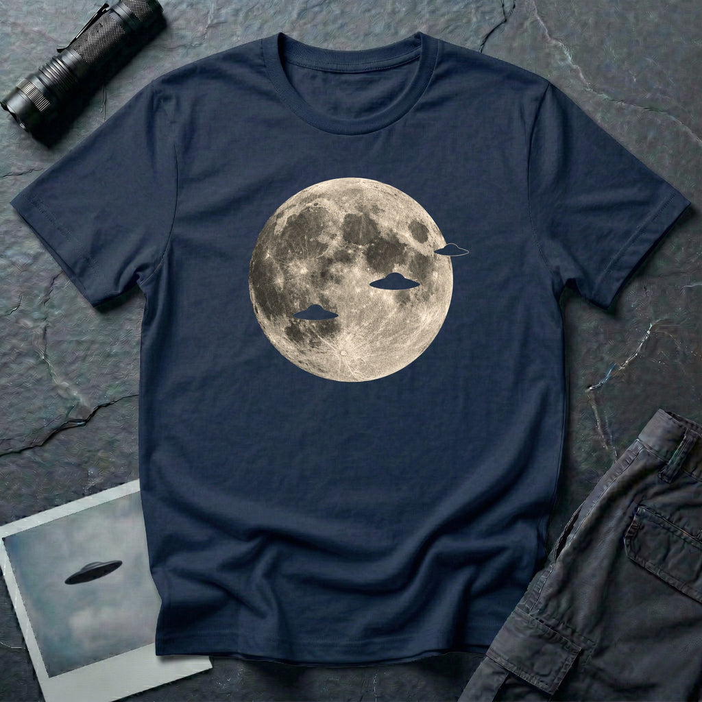 Navy blue UFO t-shirt with three flying saucer silhouettes crossing a full moon photograph