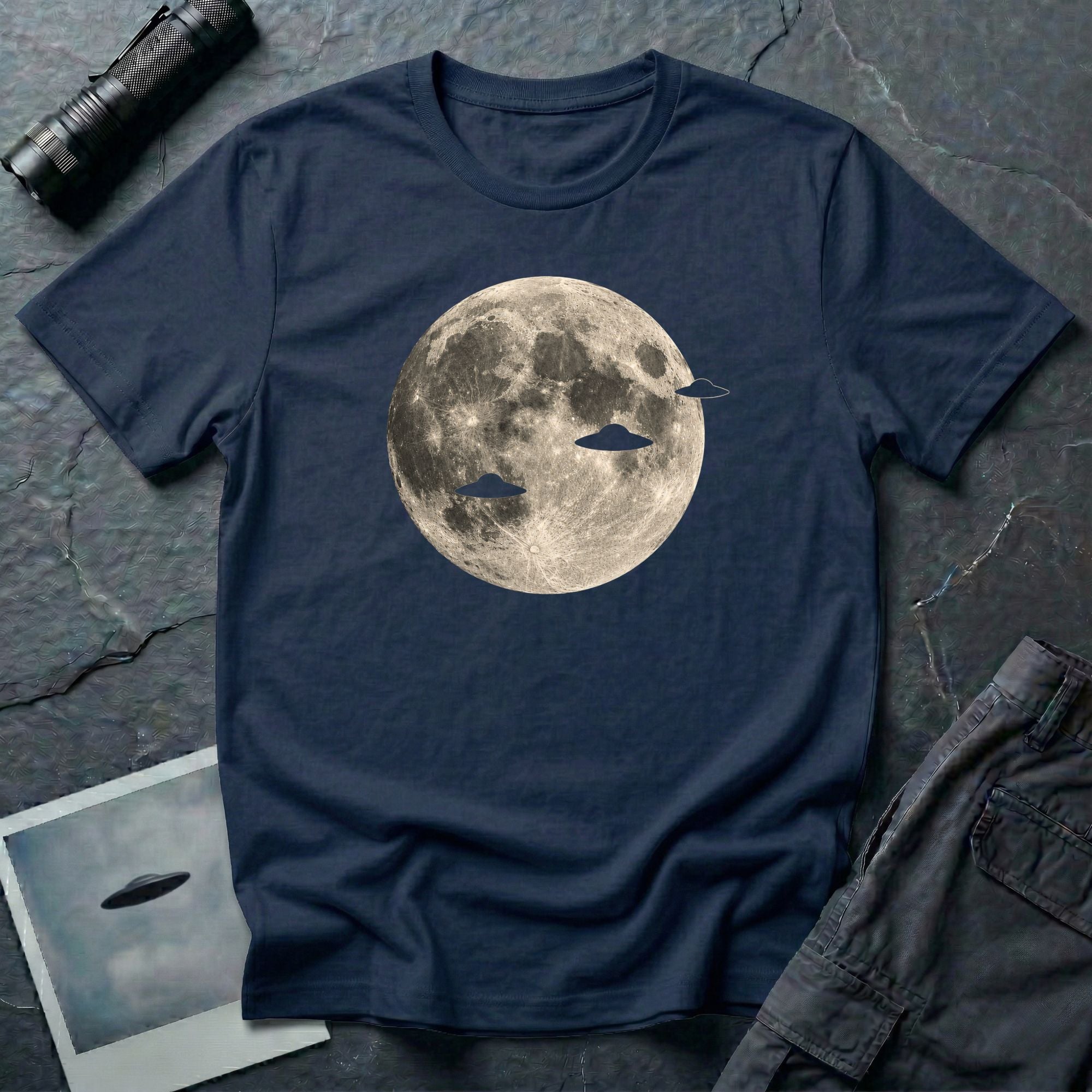 Navy blue UFO t-shirt with three flying saucer silhouettes crossing a full moon photograph