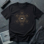 Black t-shirt with gold Metatron's Cube sacred geometry design and white UFO silhouette at the centre