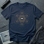 Navy blue t-shirt with gold Metatron's Cube sacred geometry design and white UFO silhouette at the centre