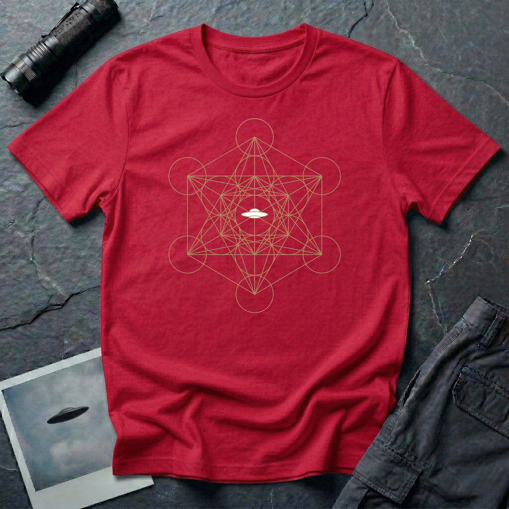 Red t-shirt with gold Metatron's Cube sacred geometry design and white UFO silhouette at the centre
