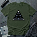Minimalist black triangle UAP t-shirt with schematic underside view and three corner lights, green