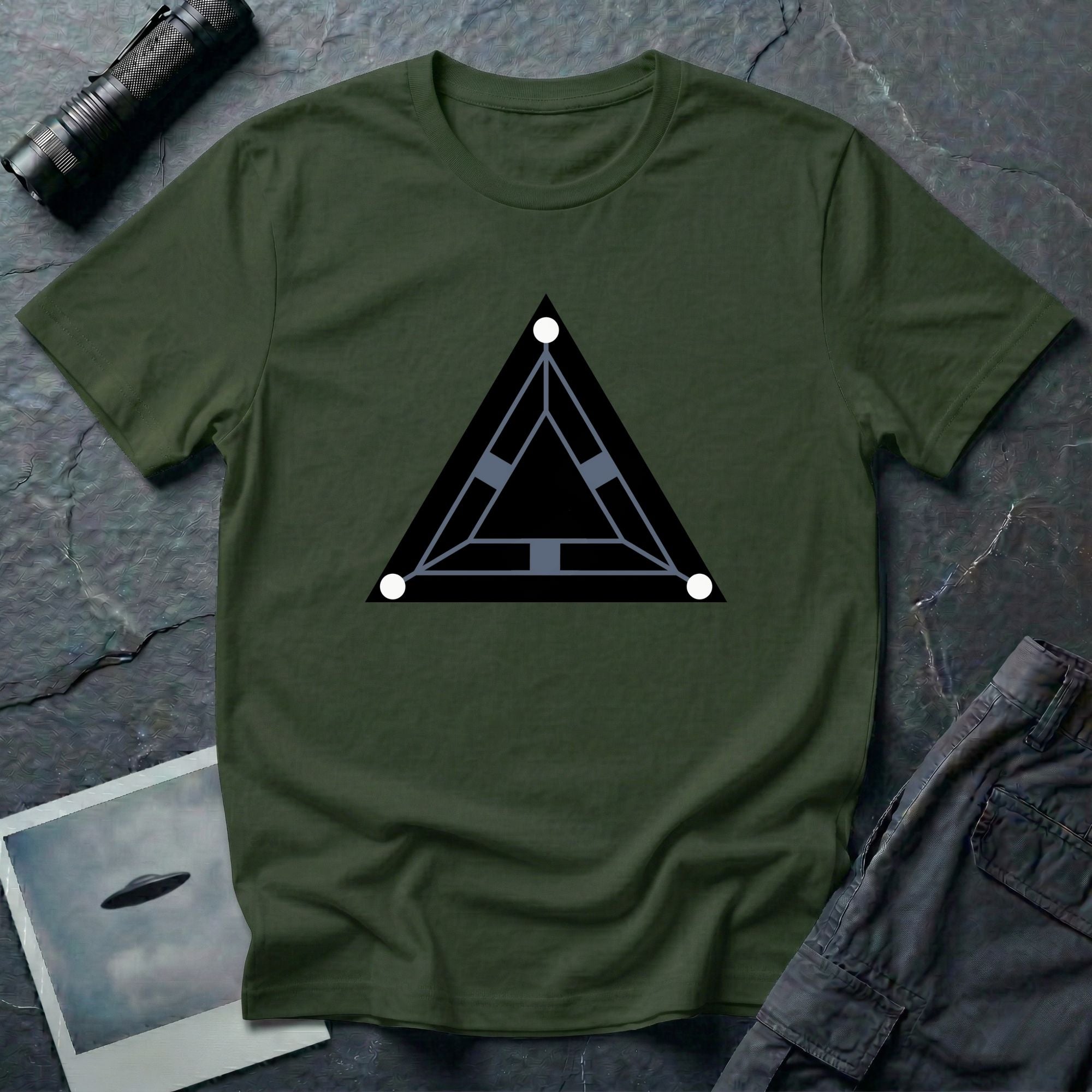 Minimalist black triangle UAP t-shirt with schematic underside view and three corner lights, green