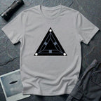 Minimalist black triangle UAP t-shirt with schematic underside view and three corner lights, grey