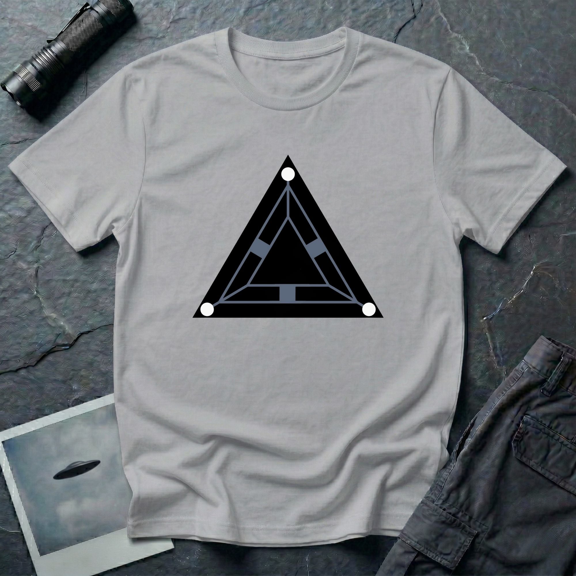 Minimalist black triangle UAP t-shirt with schematic underside view and three corner lights, grey