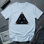 Minimalist black triangle UAP t-shirt with schematic underside view and three corner lights, light blue