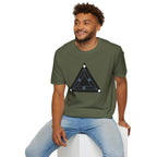 Minimalist black triangle UAP t-shirt with schematic underside view and three corner lights, green, worn by a model