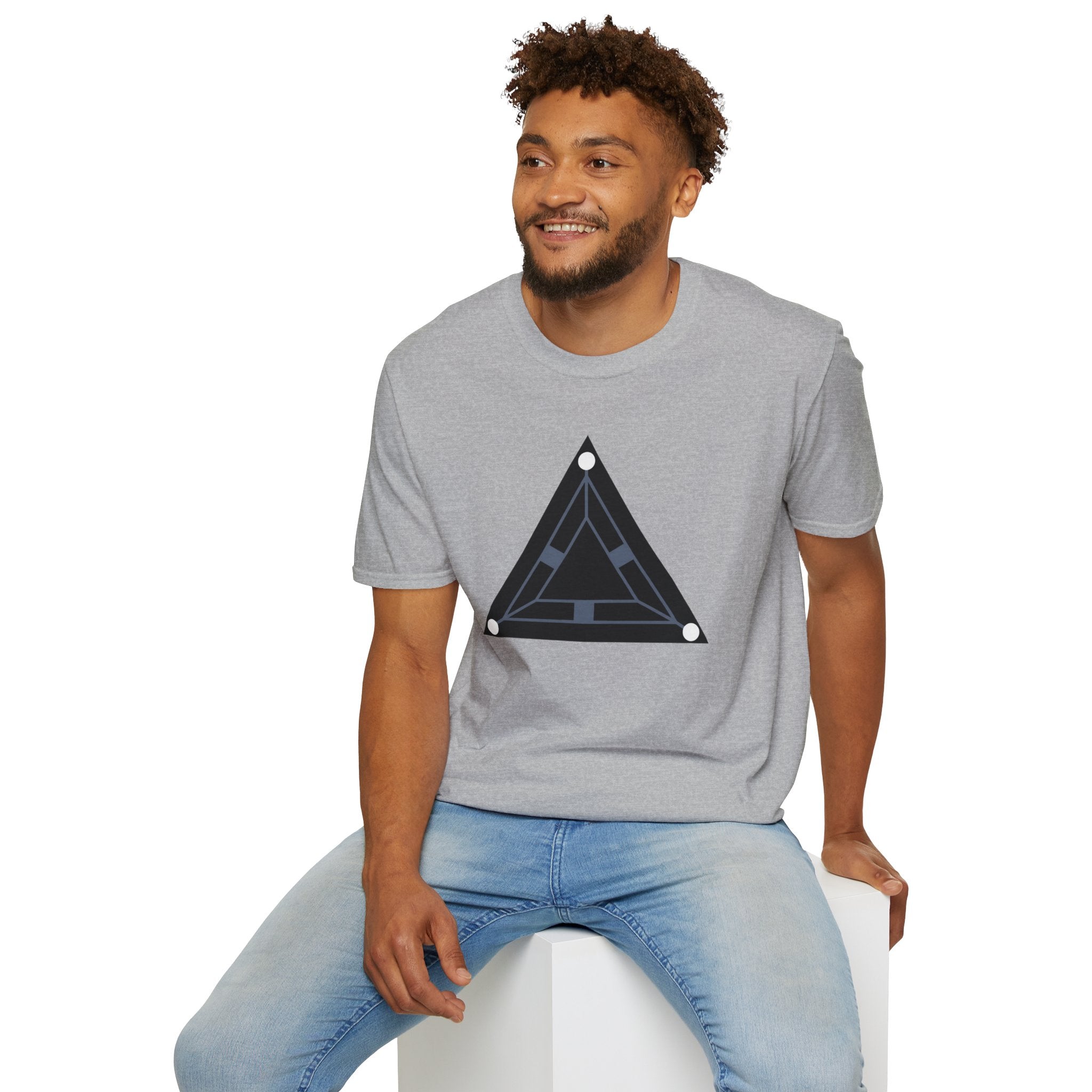 Minimalist black triangle UAP t-shirt with schematic underside view and three corner lights, grey, worn by a model