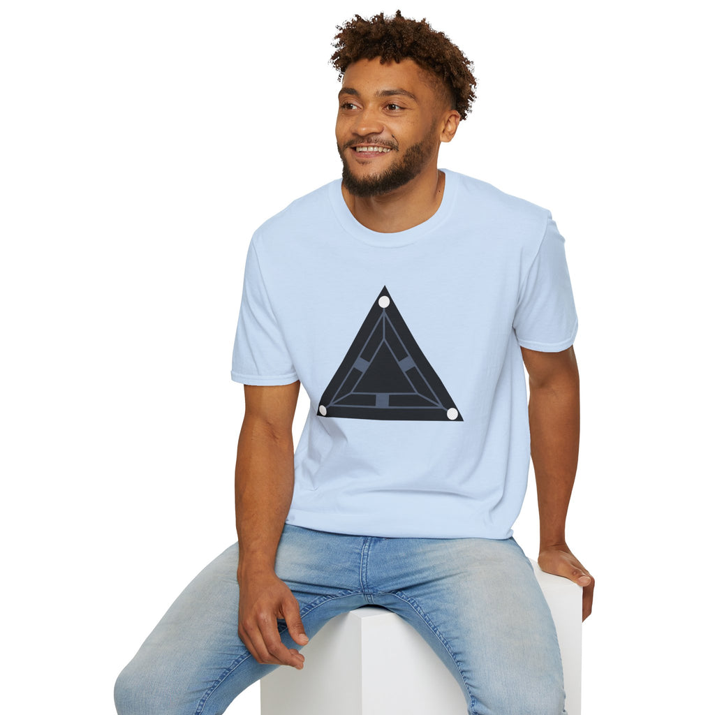 Minimalist black triangle UAP t-shirt with schematic underside view and three corner lights, light blue, worn by a model
